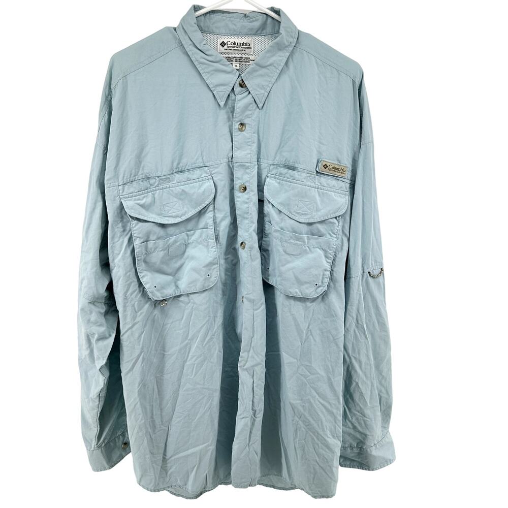 Columbia PFG Fishing Shirt Long Sleeve Pocket Outdoor Relaxed Light Blue XXL